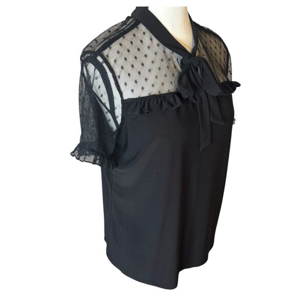 Black Mesh Sheer Polka Dot Blouse Womens Medium Tie Neck Ruffle Sleeve Top - Picture 1 of 6